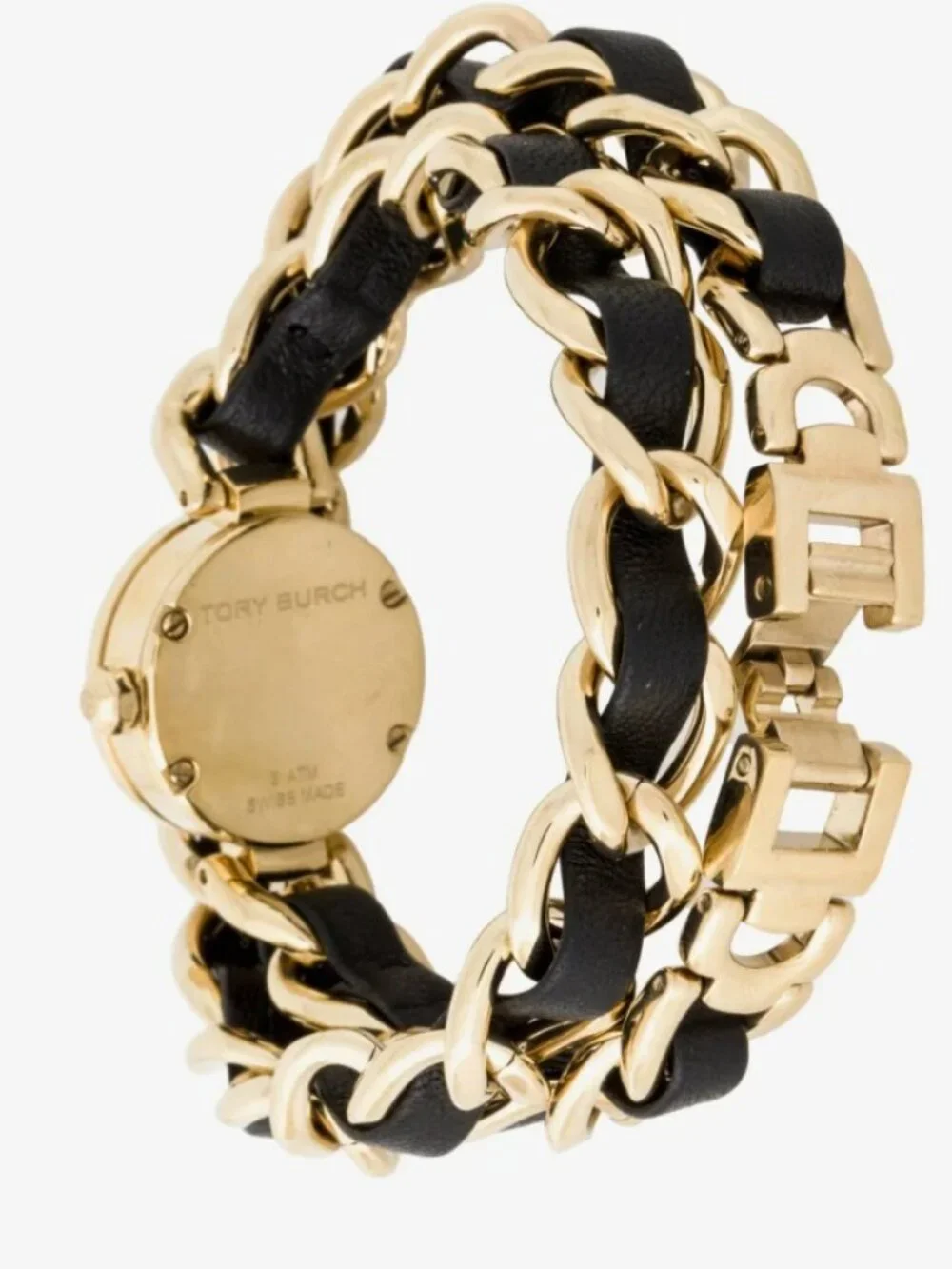 Tory Burch Reva Watch w/Steel Chain Bracelet Interwoven w/Black Leather
